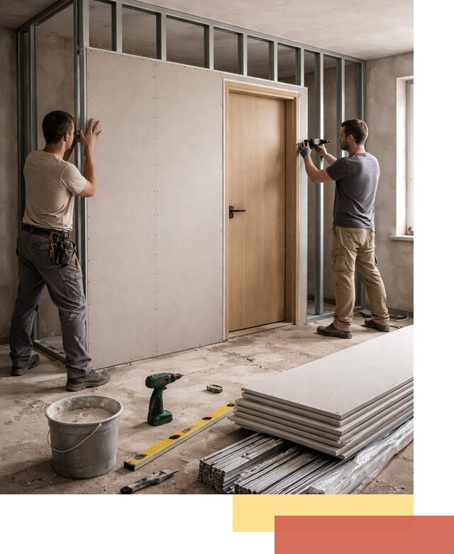 Перегородка из гипсокартона с дверью под ключ в Сочи