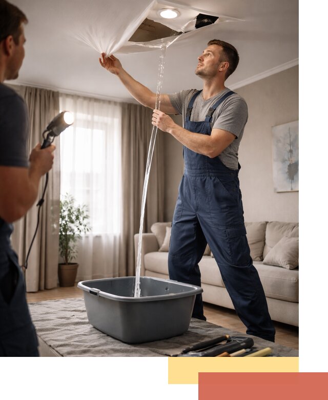 Слив воды с натяжного потолка в Сочи быстро и аккуратно